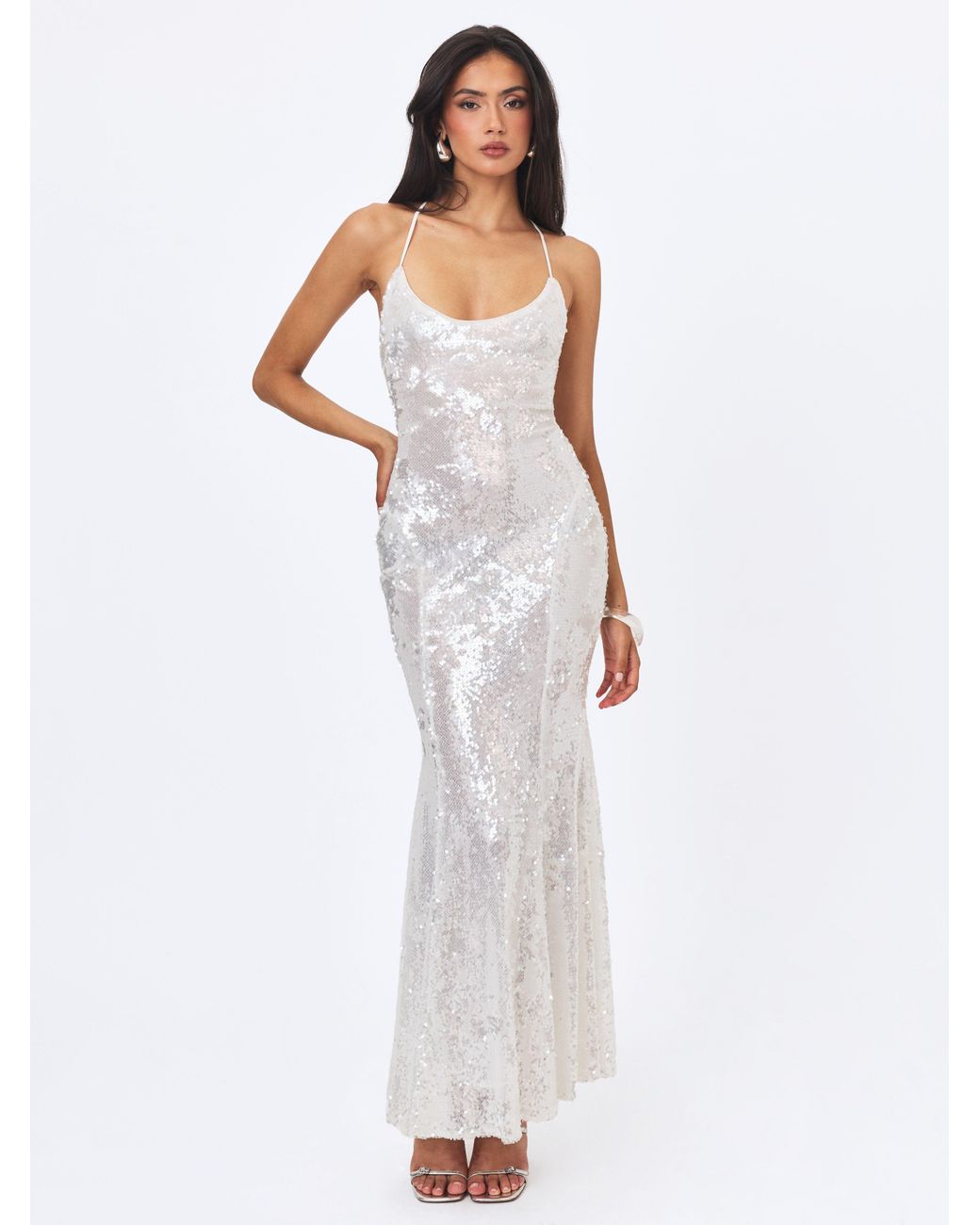 Miss Circle New York White Cameron Sequin Scoop Neck Mermaid Maxi Dress