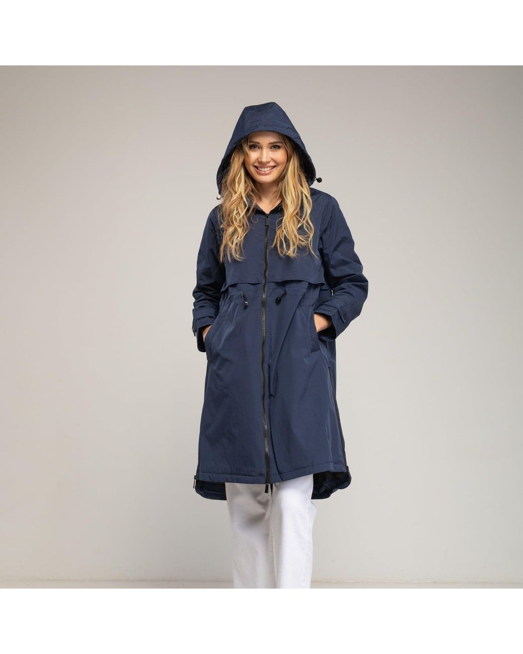 Tantra Spain Sl Blue Long Trench Coat With Hood, Zipper Closure, And Zipper Detail On The Sides