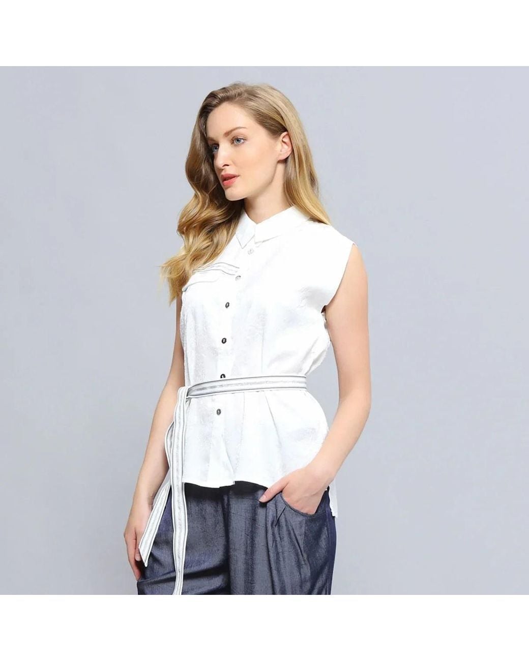 Smart and Joy White Sleeveless Shirt With Trimming for men