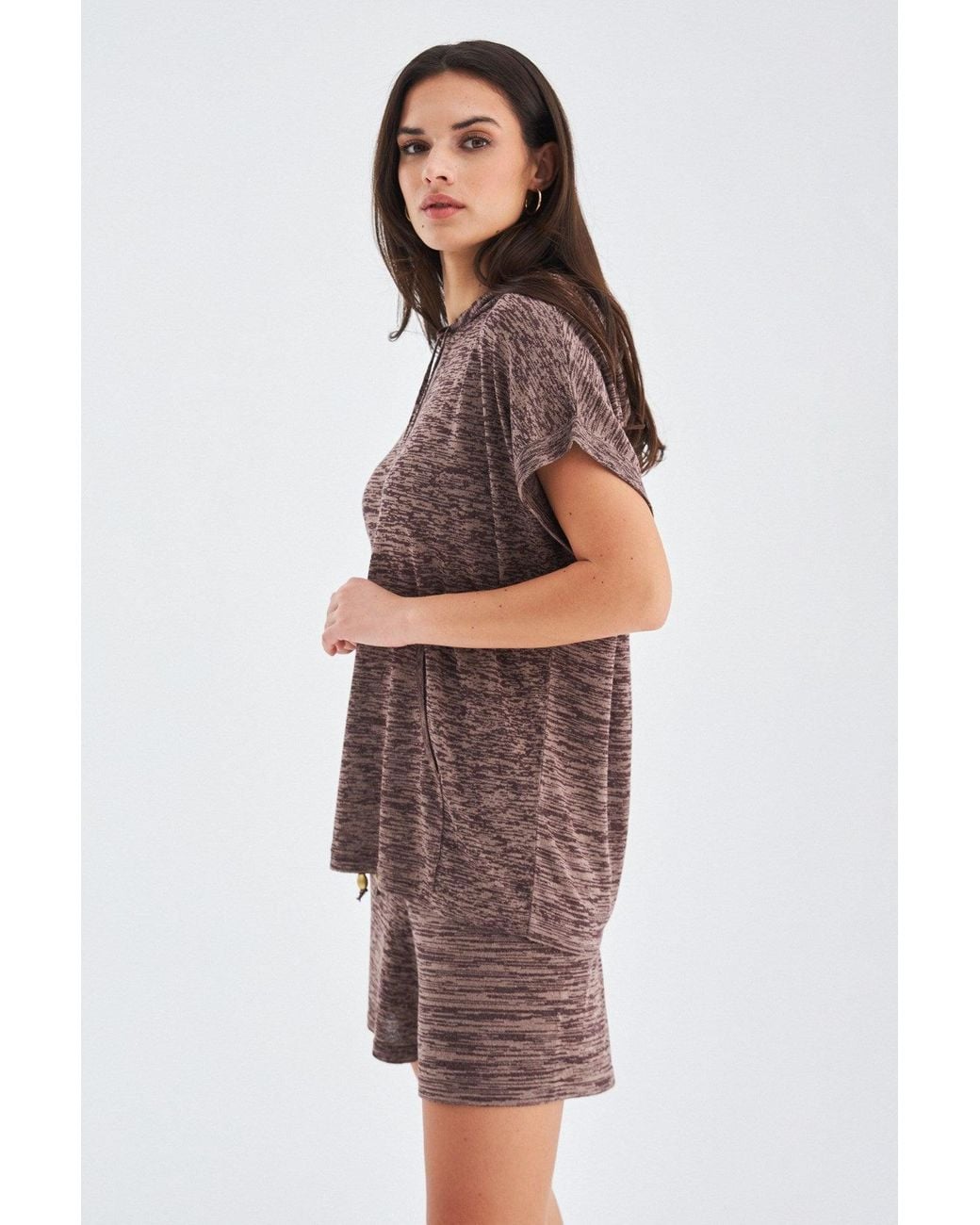 Peraluna Gray Kaira Knitted Hooded Blouse & Shorts Matching Set