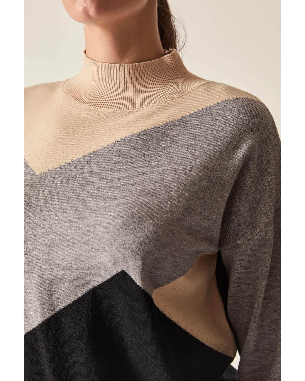 James Lakeland Black Geometric Colour-Block High-Neck Jumper