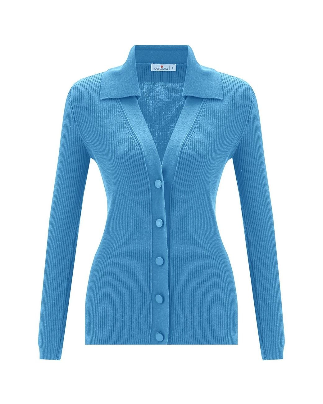 Peraluna Blue Polo V-Neck Ribbed Knit Cardigan