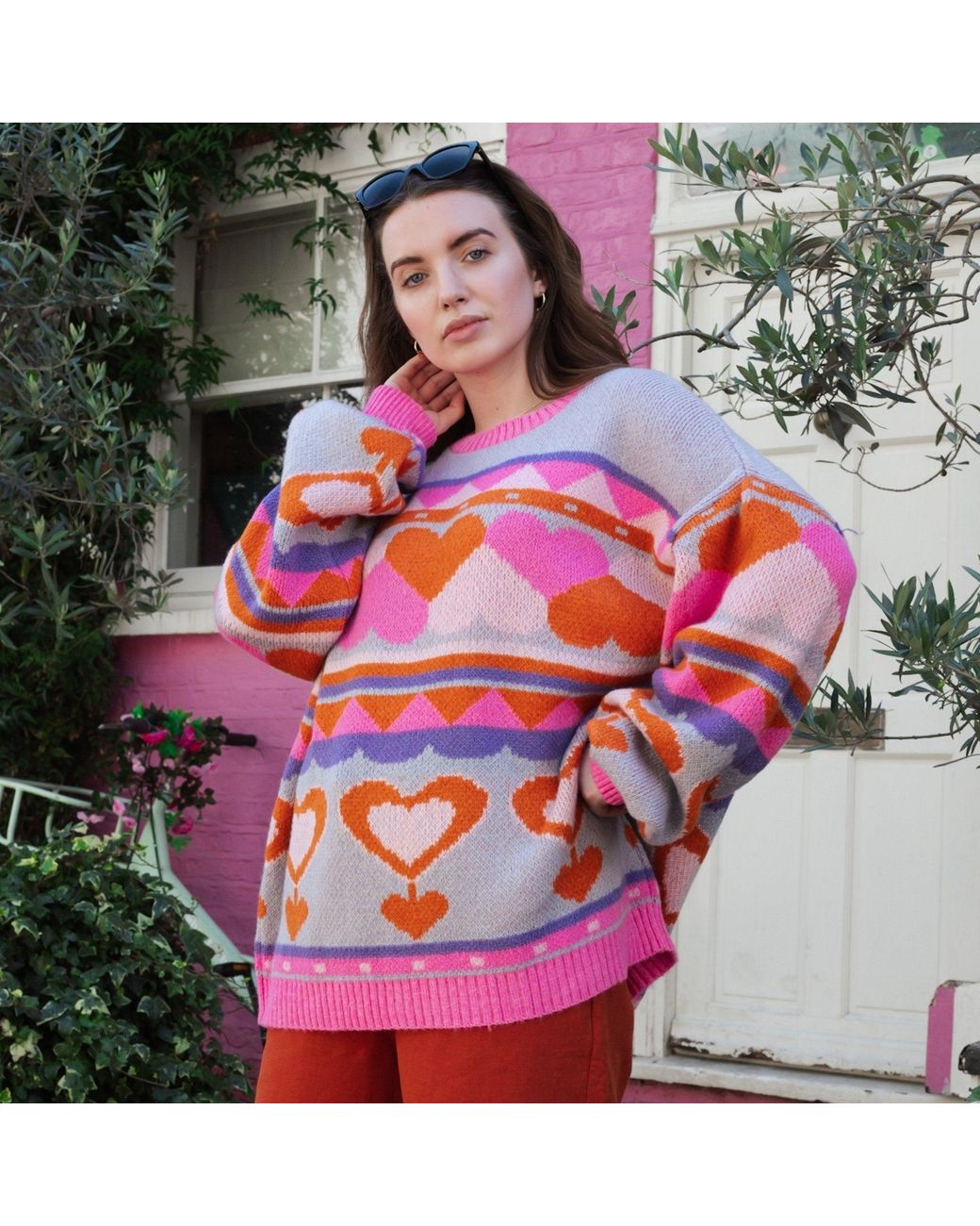 Cara & The Sky Pink Poppy Heart Intarsia Balloon Sleeve Oversized Jumper