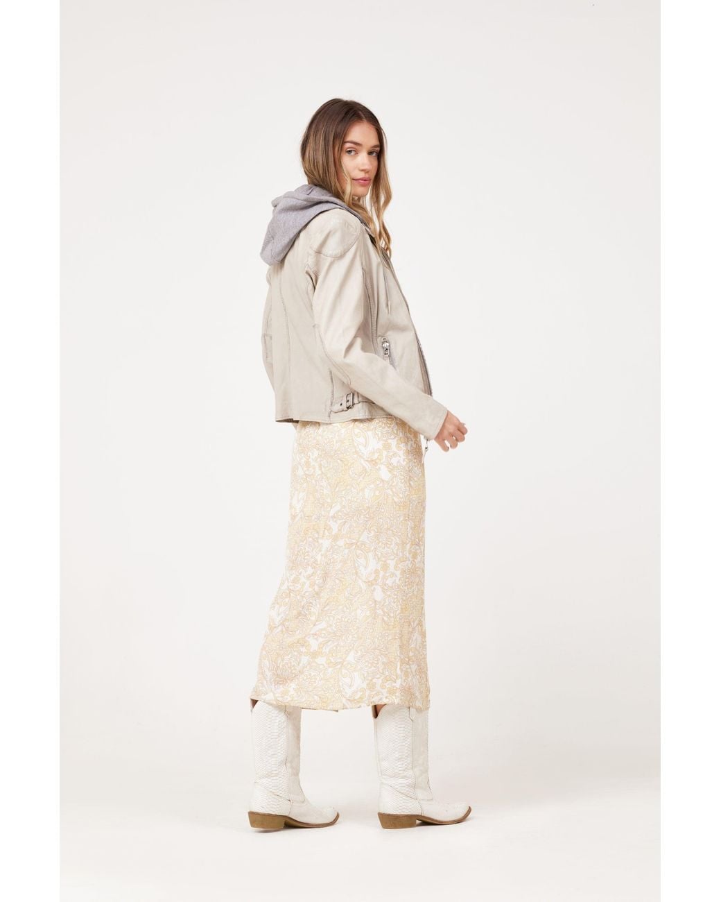 Mauritius Gray Neutrals Leather Moto Jacket Removable Hood Finja Light