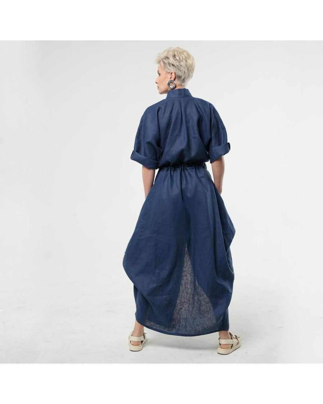 Metamorph Blue Long Linen Shirt Dress