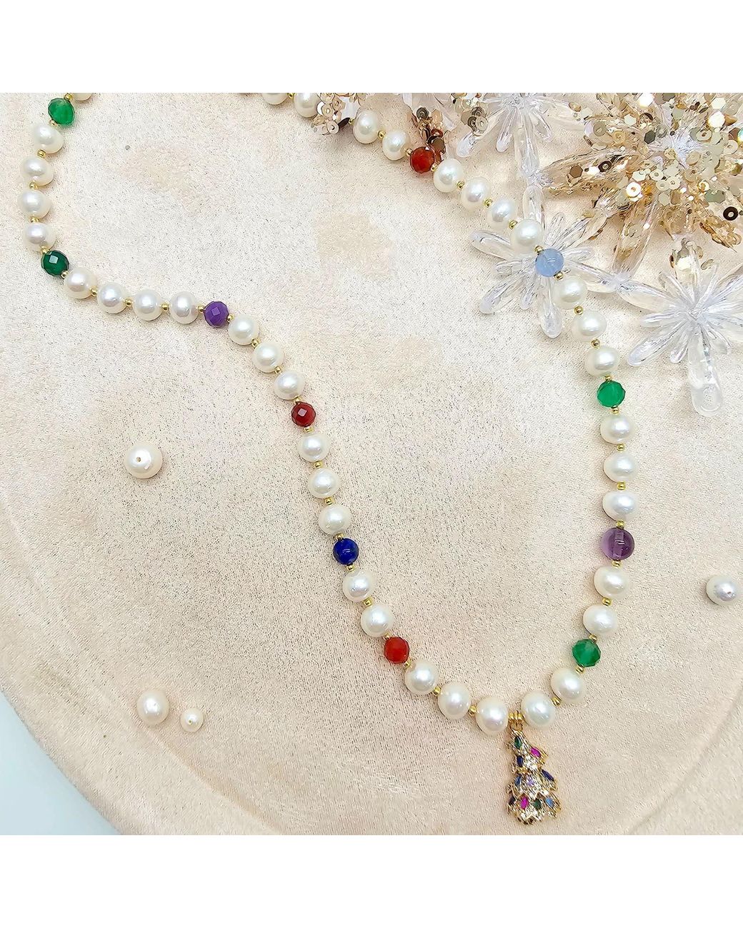 Farra Metallic Freshwater Pearl And Colorful Gemstone With Christmas Tree Pendant Necklace
