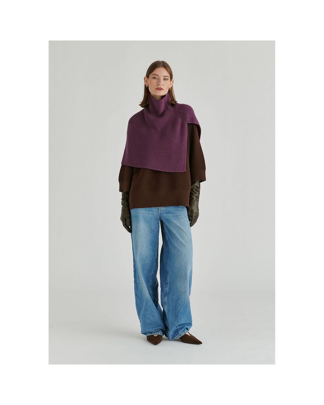 Paisie Brown Mock Neck Cropped Sleeve Ribbed Jumper