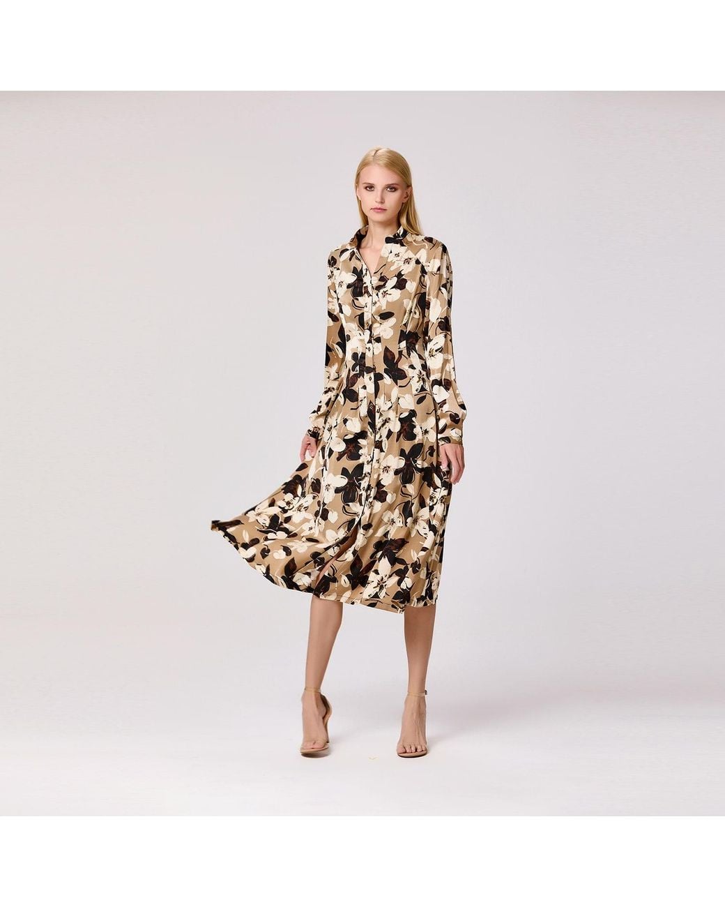Smart and Joy Natural Neutrals Macro Flower Print Shirt Dress