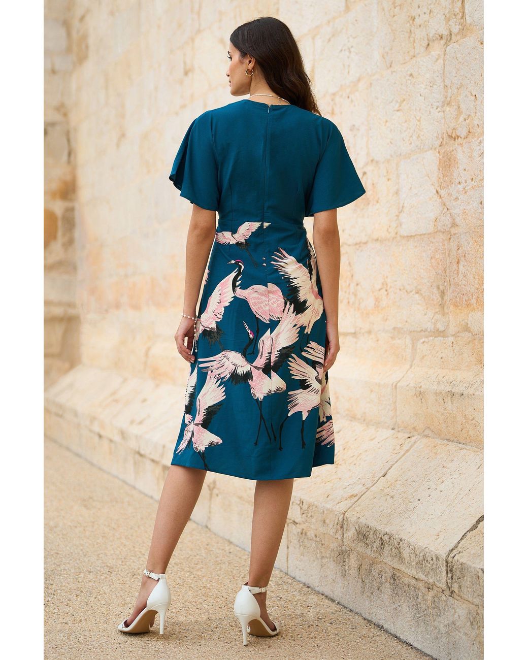 Yumi' Blue Recycled Fabric Crane Print Kimono Midi Dress