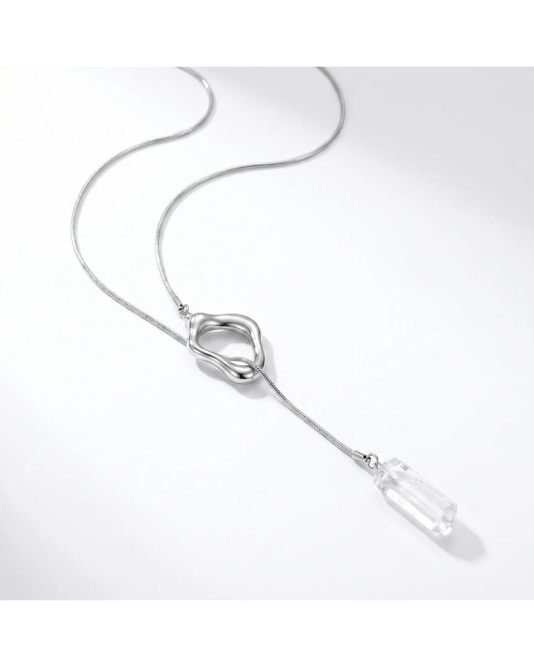 Ormiro Metallic Aether Clear Quartz Crystal And Titanium Steel Lariat Necklace
