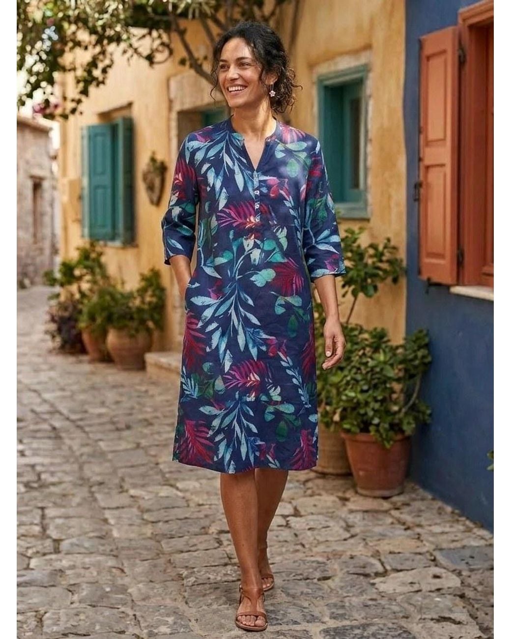 NoLoGo-chic Blue Leafy Tropic Tunic Dress