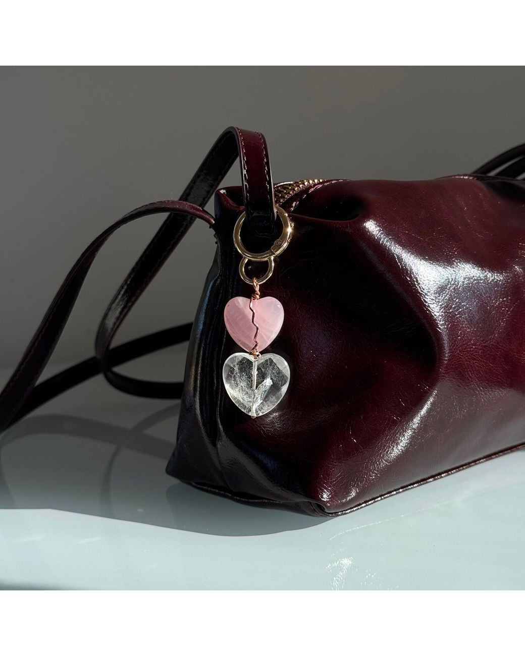 Mineralgems•Studio Pink Rose Quartz & Clear Quartz Bag Charm