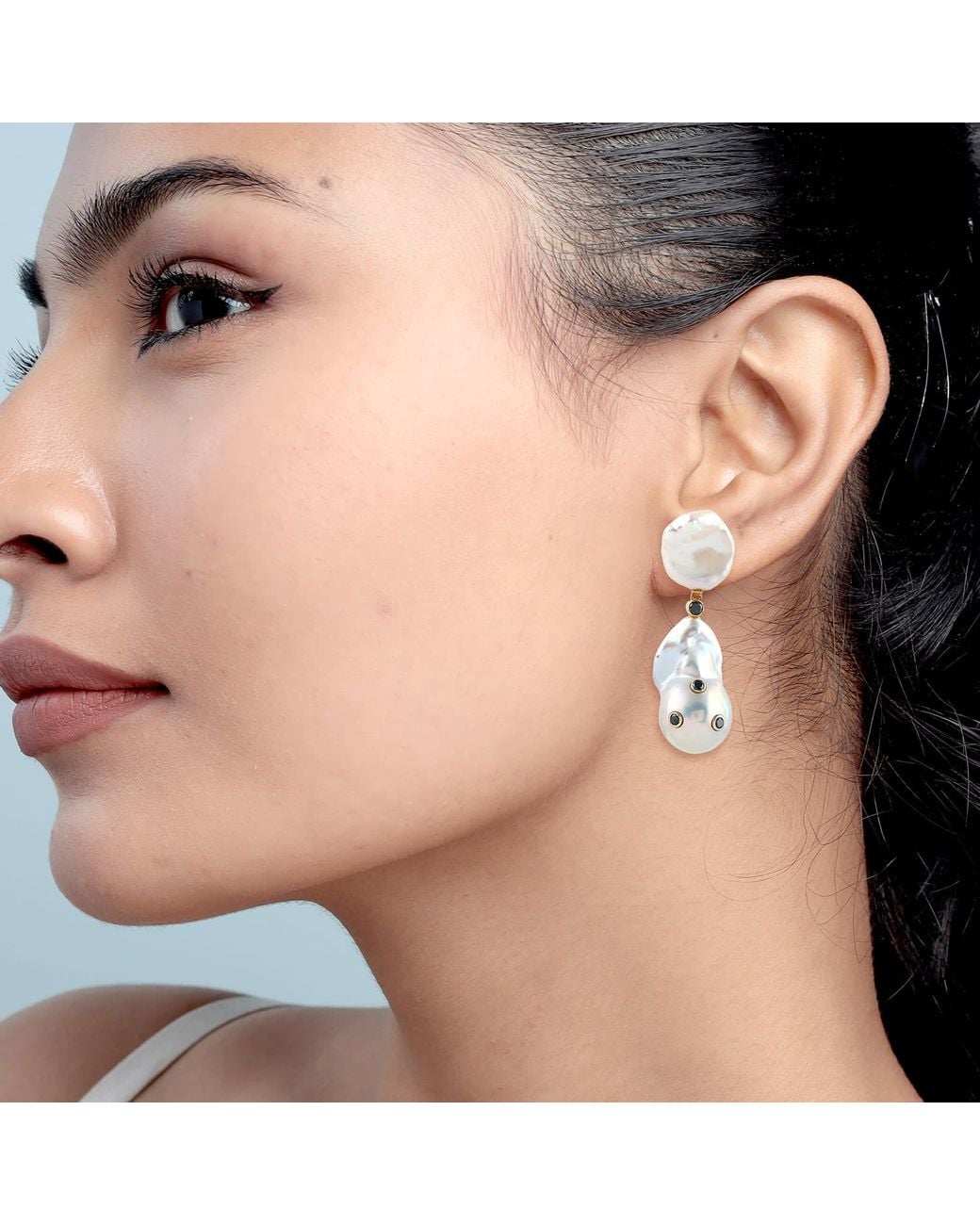 Artisan White 18k Yellow Gold Black Diamond Natural Pearl Chinese Dangle Earrings