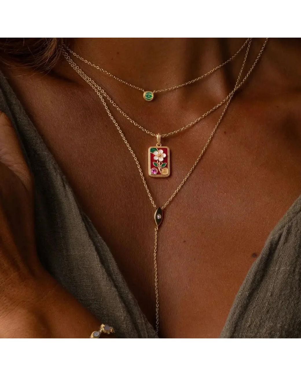 Karma and Luck Metallic Abundant Grace Flower Tile Multi-Stone Mahjong Necklace