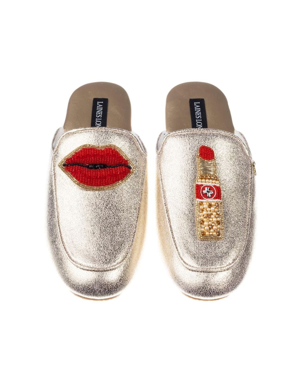 Laines London Metallic Classic Mules With Lipstick & Lips Brooches