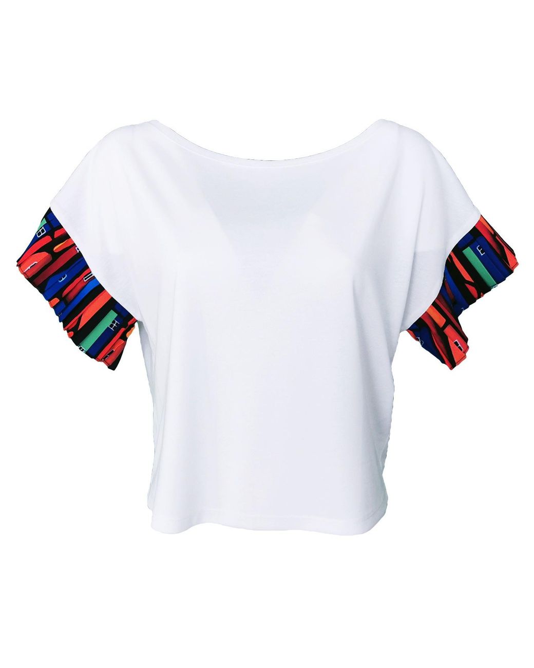 Lalipop Design White Viscose Blouse With Boat Neck & Pleated Sleeves
