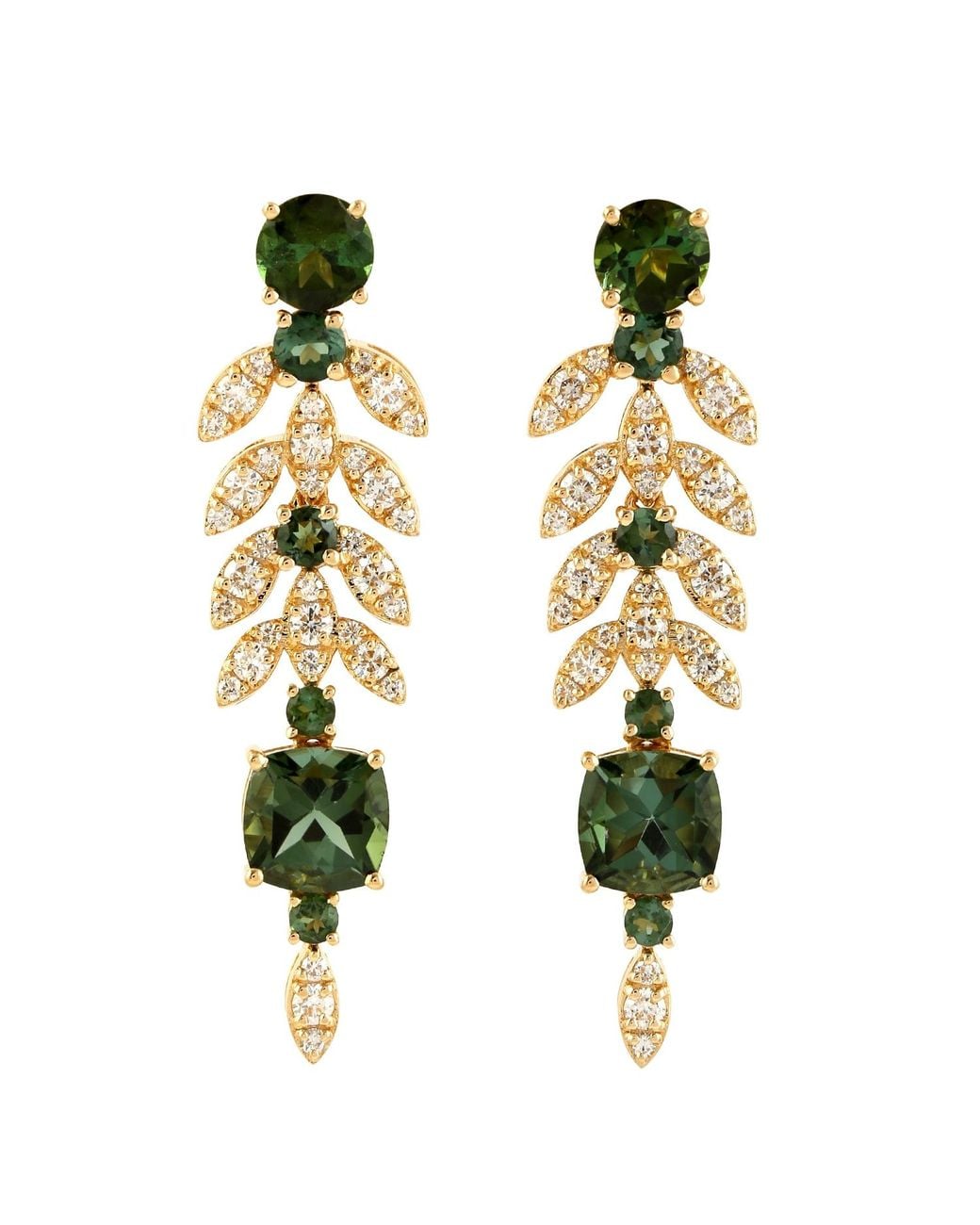 Artisan Green Tourmaline & Diamond In 18k Yellow Gold Leaf Design Dangle Earrings Jewelry