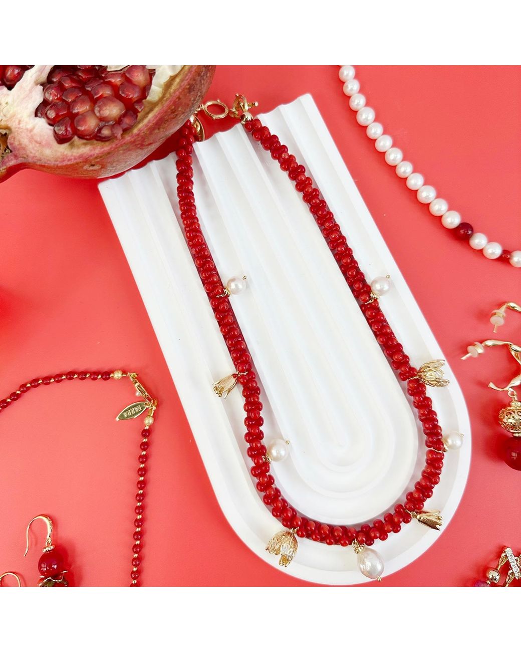 Farra Red Peanut Shaped Coral Statement Necklace