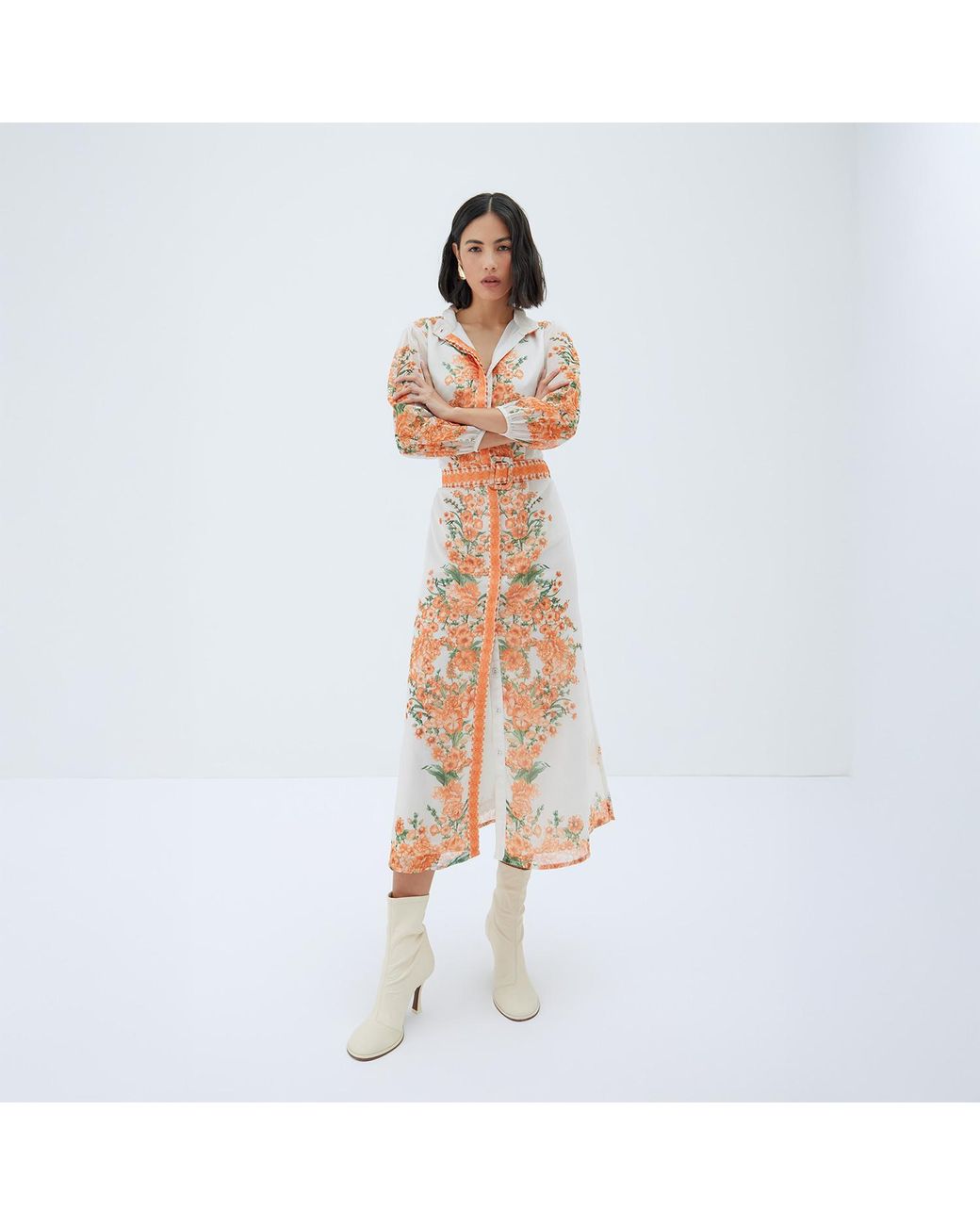 Raishma Pink Rose Floral 3/4 Length Sleeve Belted Midi Shirt Dress