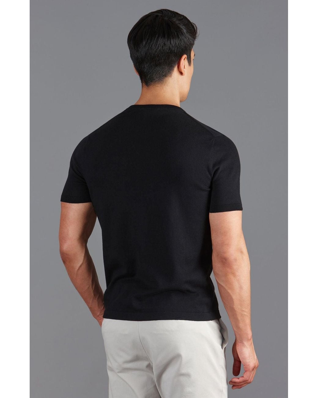 Paul James Knitwear Black Ultra Fine Cotton Hudsonn High V Neck Knitted T-Shirt for men