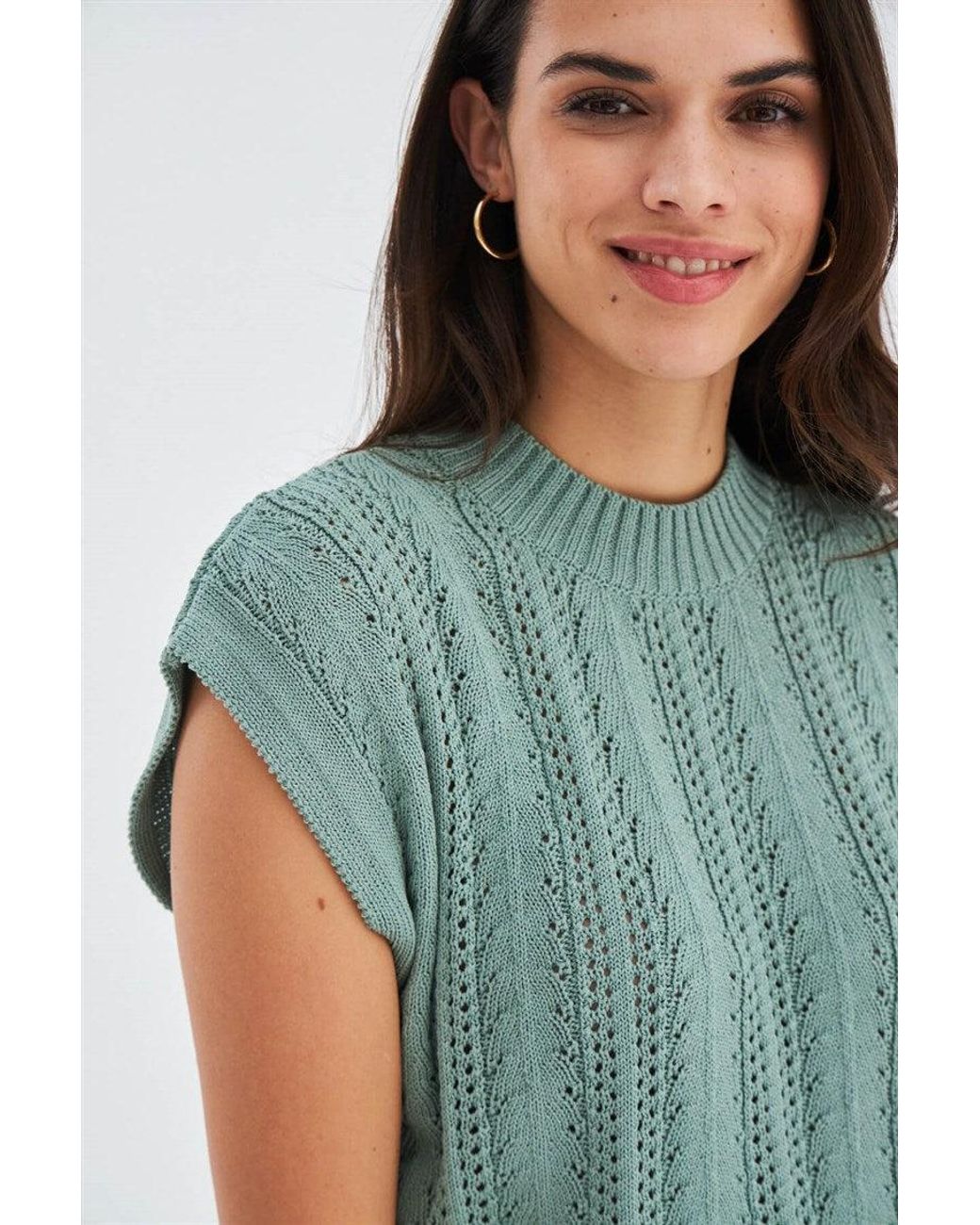 Peraluna Green Sima O-Neck Openwork Knit Blouse