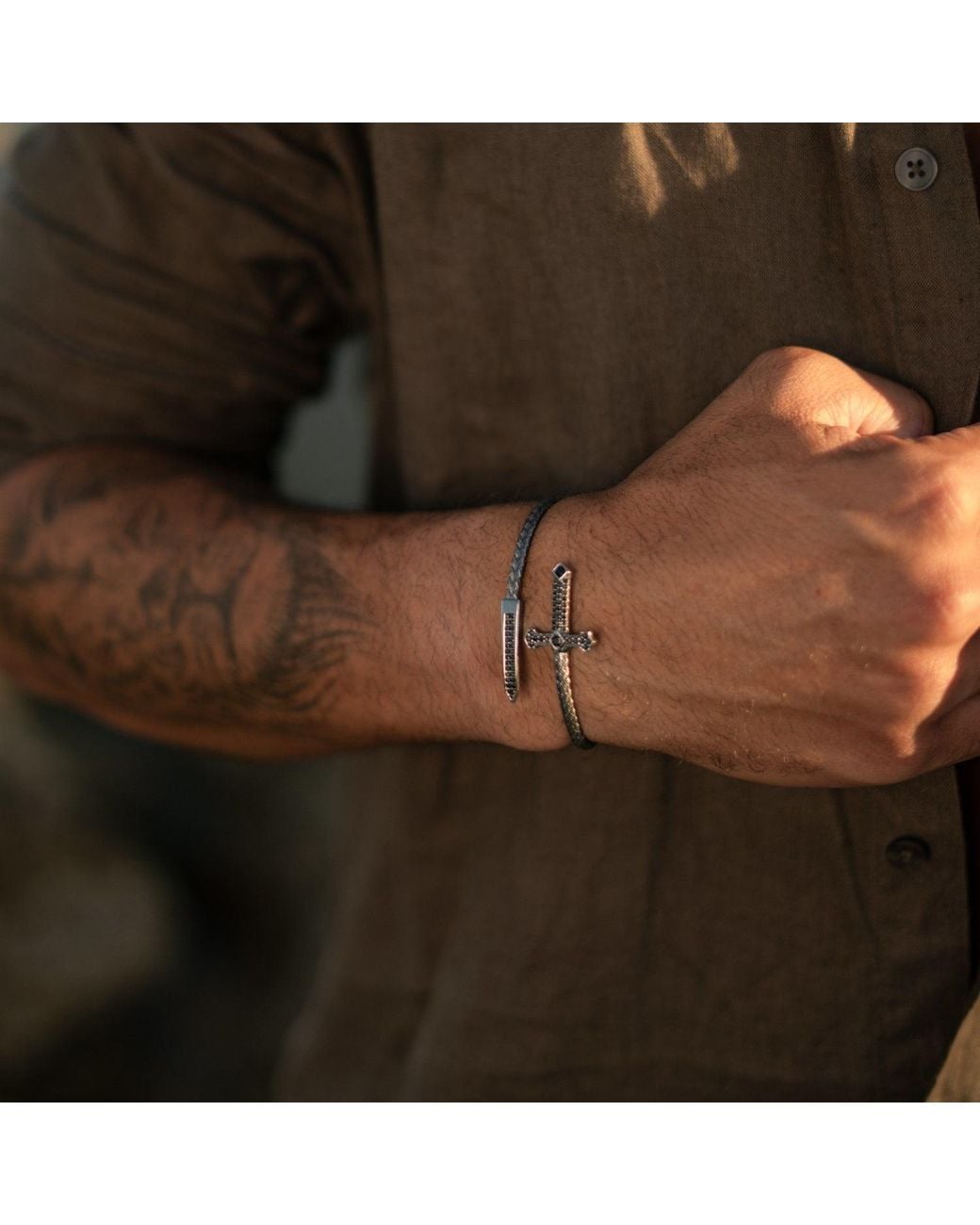 Ebru Jewelry Blue Gothic Cross & Dagger Oxidized Sterling Wrap Bracelet for men