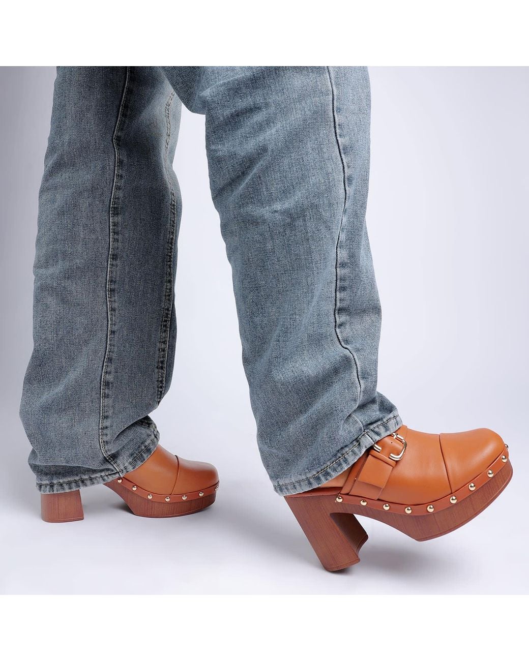 Rag & Co Brown Septim Genuine Leather Studded Clog Heels