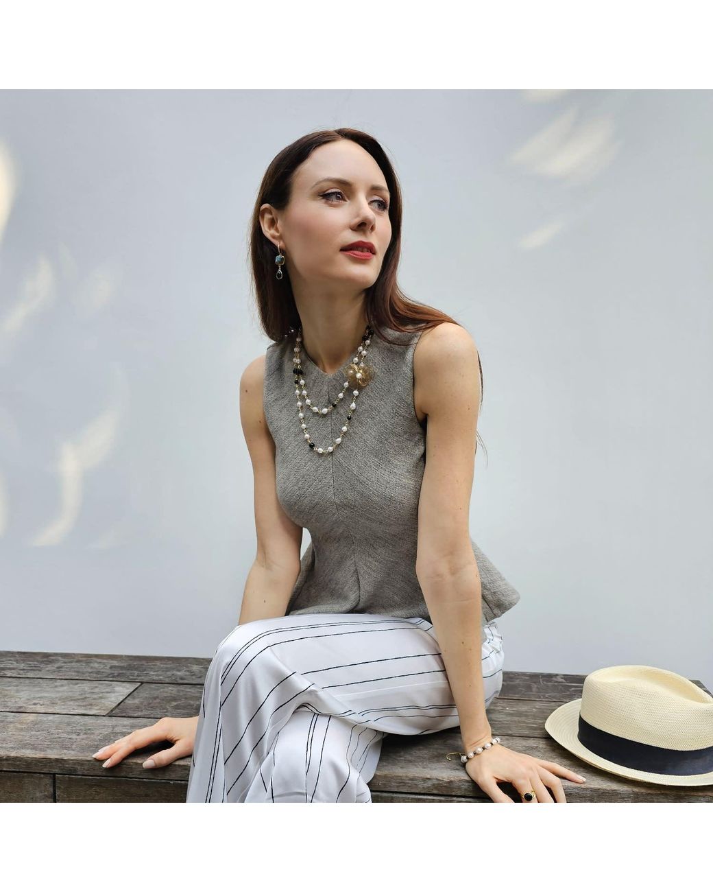 Farra White Freshwater Pearls And Obsidian With Flower Charm Long Necklace