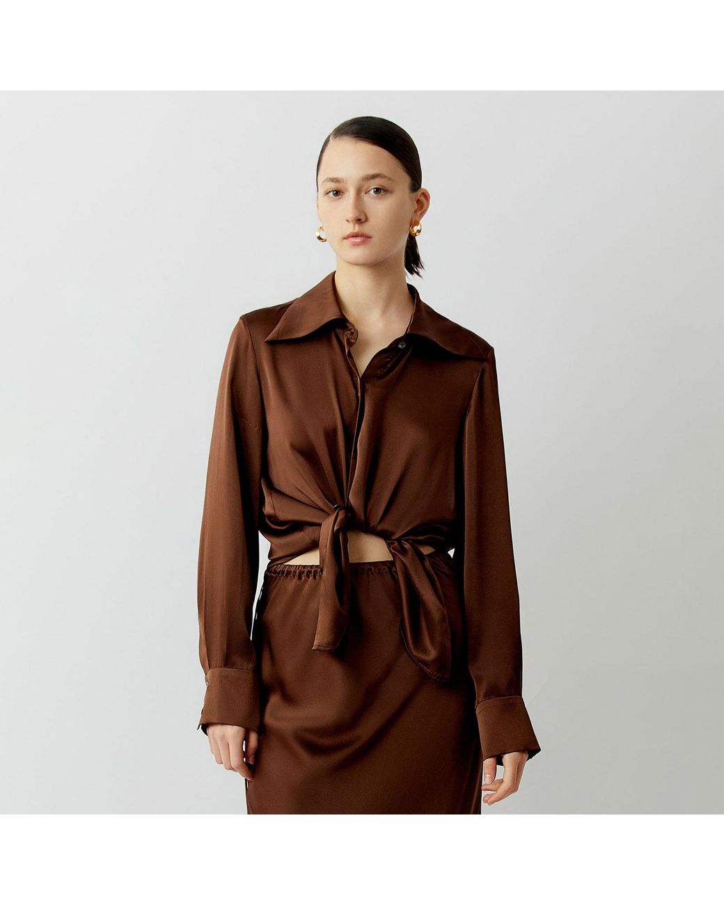 Silkinc Brown Wide Collar Silk Shirt