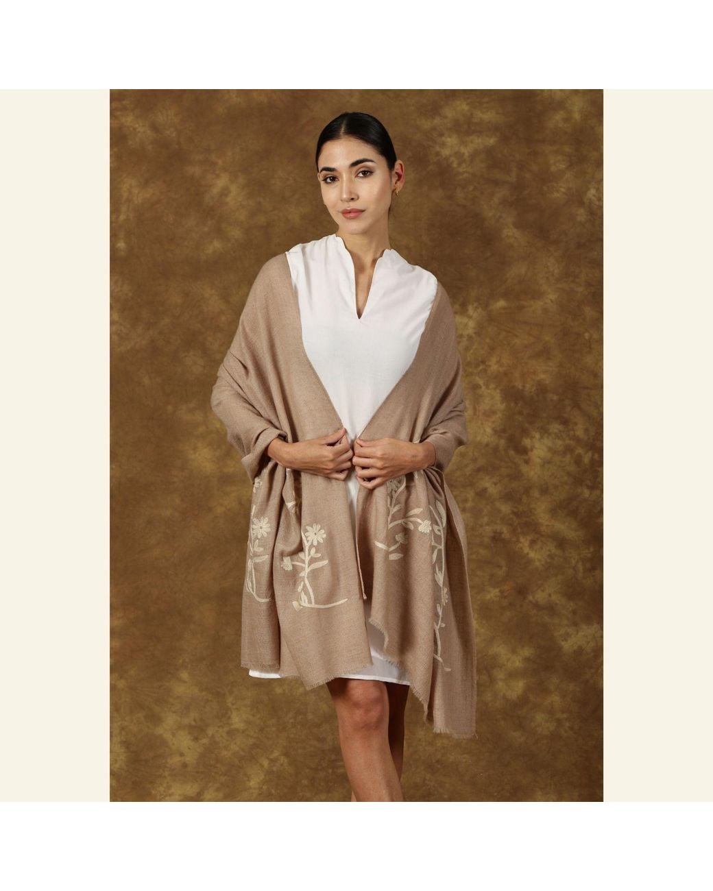 Heritagemoda Natural Neutrals Gi Certified Hand Embroidered Pashmina Cashmere Scarf