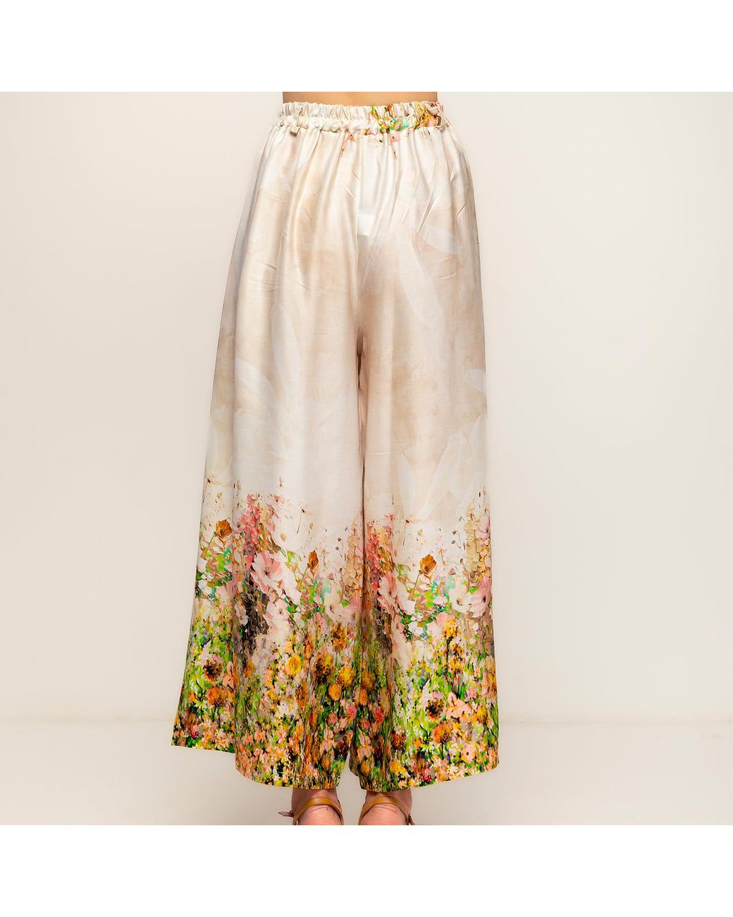 Tantra Spain Sl Natural Neutrals Floral Printed Pallazo Pants With Pockets
