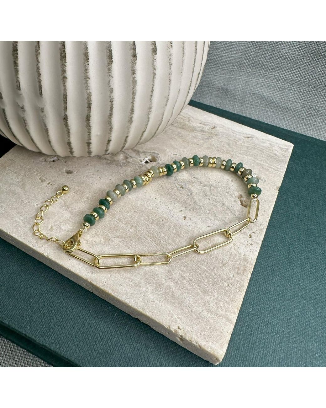 Clemence Wren Metallic Jade Stone Paperclip Bracelet