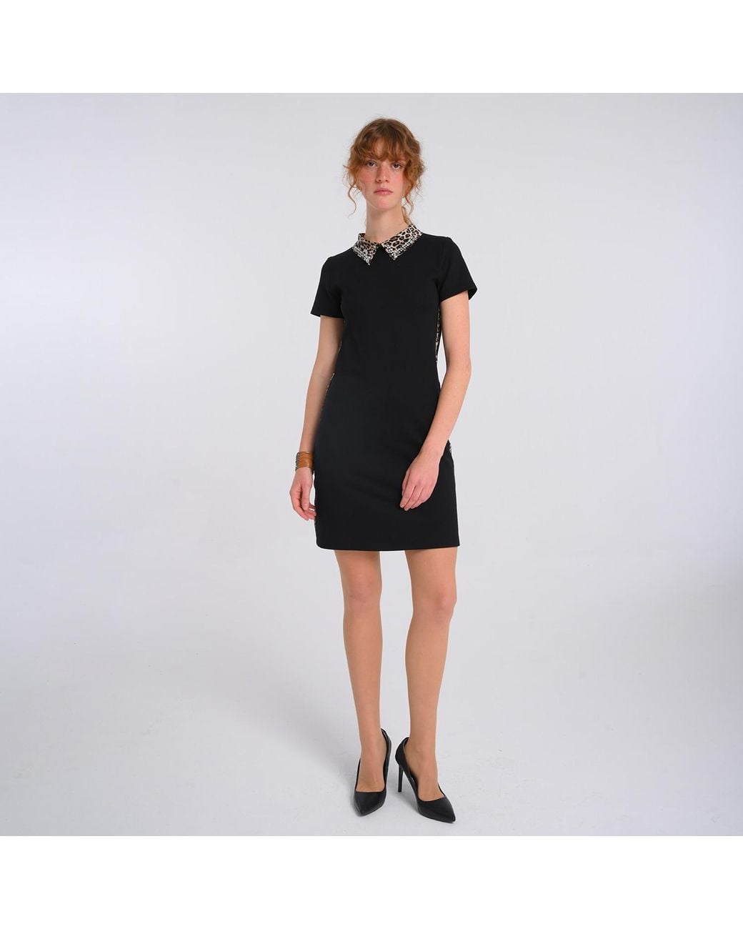 Lalipop Design Black Mini Knitted Dress With Faux Crystal Embellished Leopard Print Collar