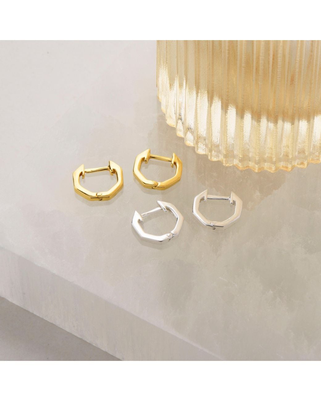 Nellou Jewellery Metallic Hex Huggie Earrings Sterling