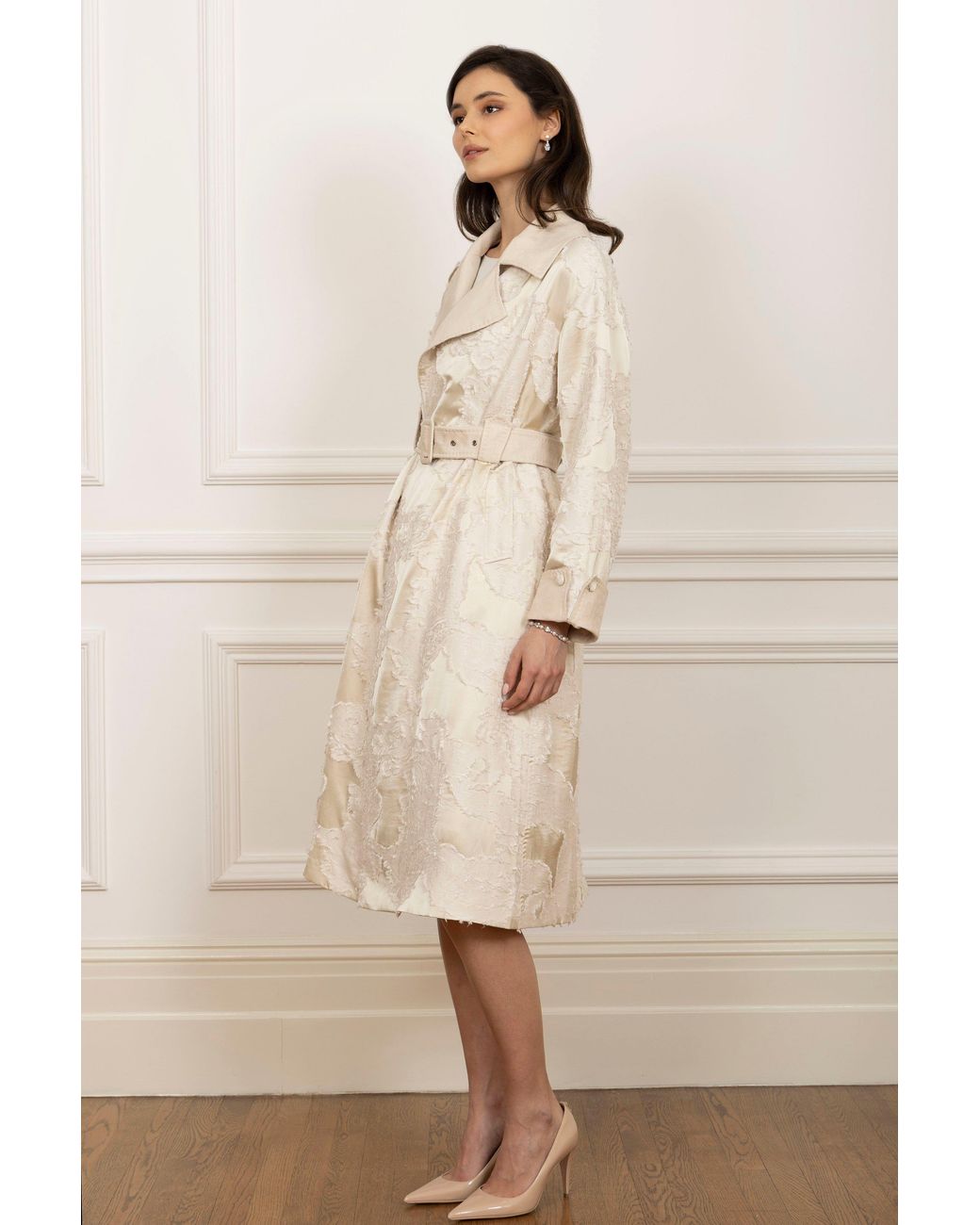 Santinni Natural Neutrals Charmed Satin Jacquard Trench Coat