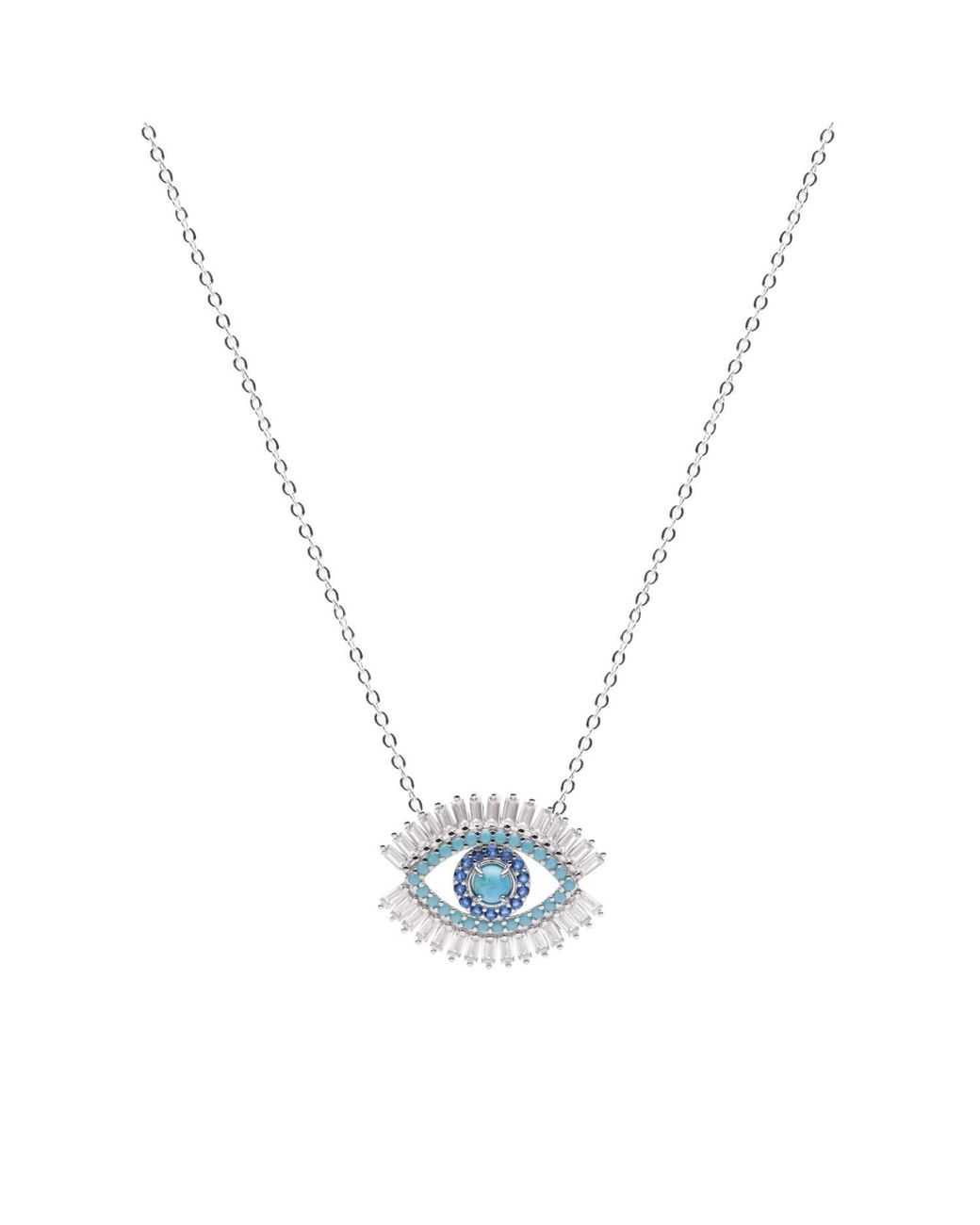 Seven Saints Metallic Evil Eye Necklace, And Zirconia Baguette Diamonds, Rhodium