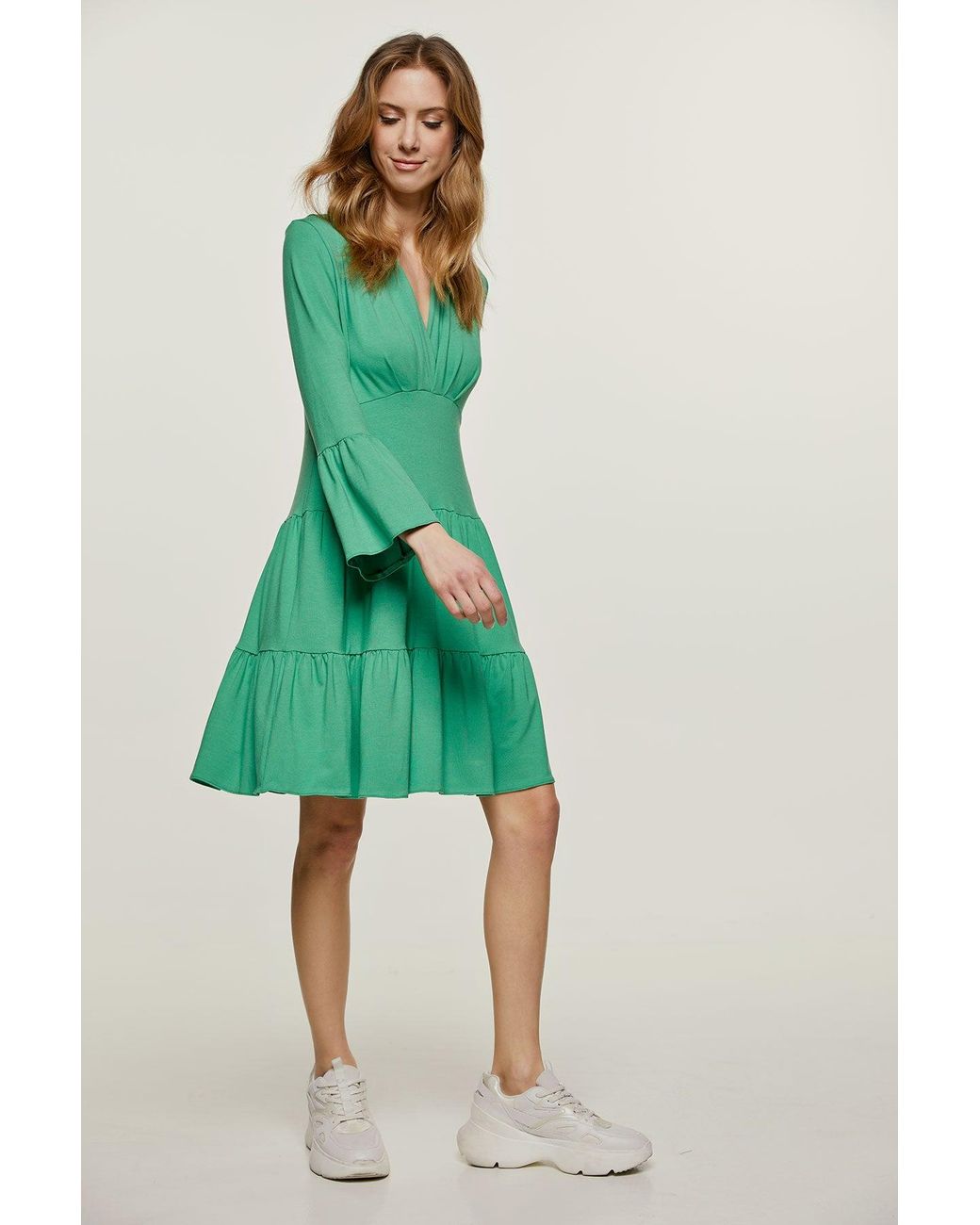 Conquista Green Jersey Tiered Dress