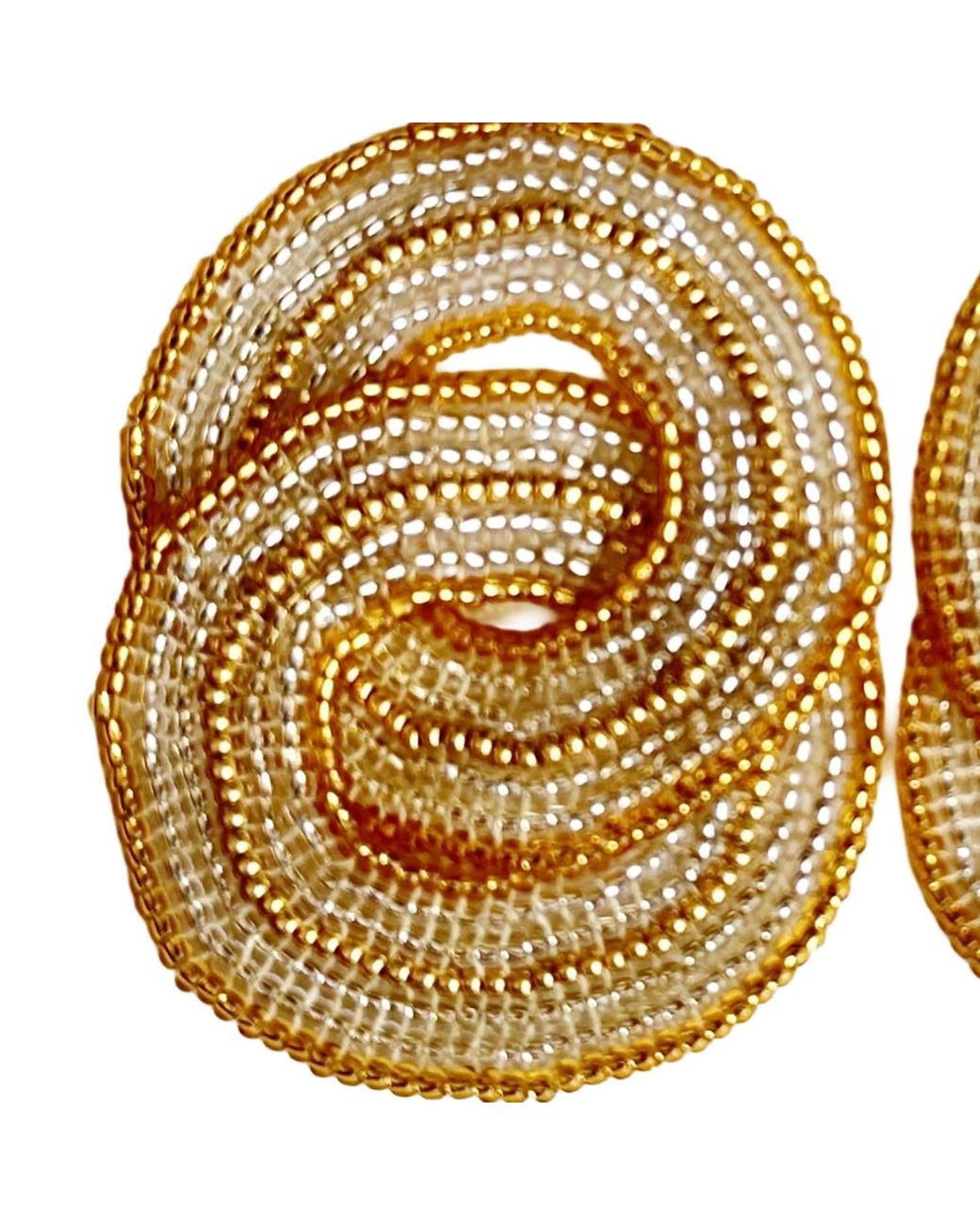 Iliana Arrazola Metallic Crisscrossed Circle Dangle Earrings, Glass Beads, Beaded Jewelry