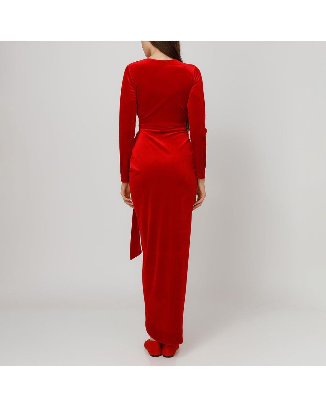 LIA ARAM Red Belted V-Neck Wrap Gown