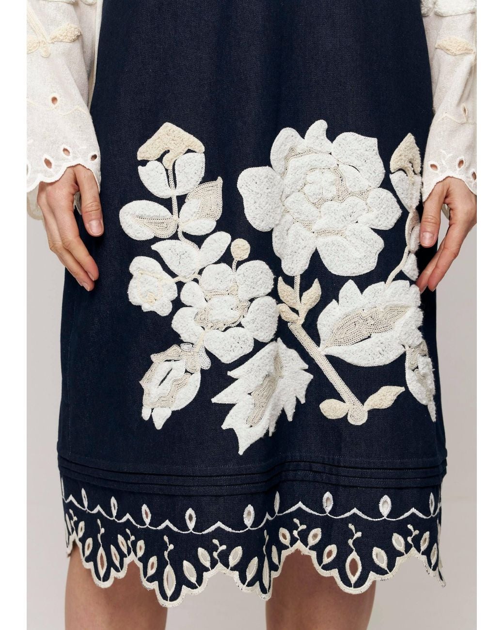 Annabo Blue Amber Rose Embroidered Denim Midi Sundress