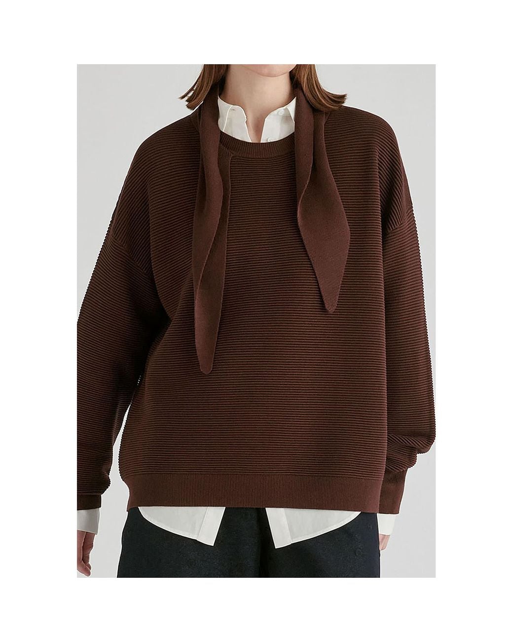 Paisie Brown Ribbed Jumper With Attached Scarf Tie