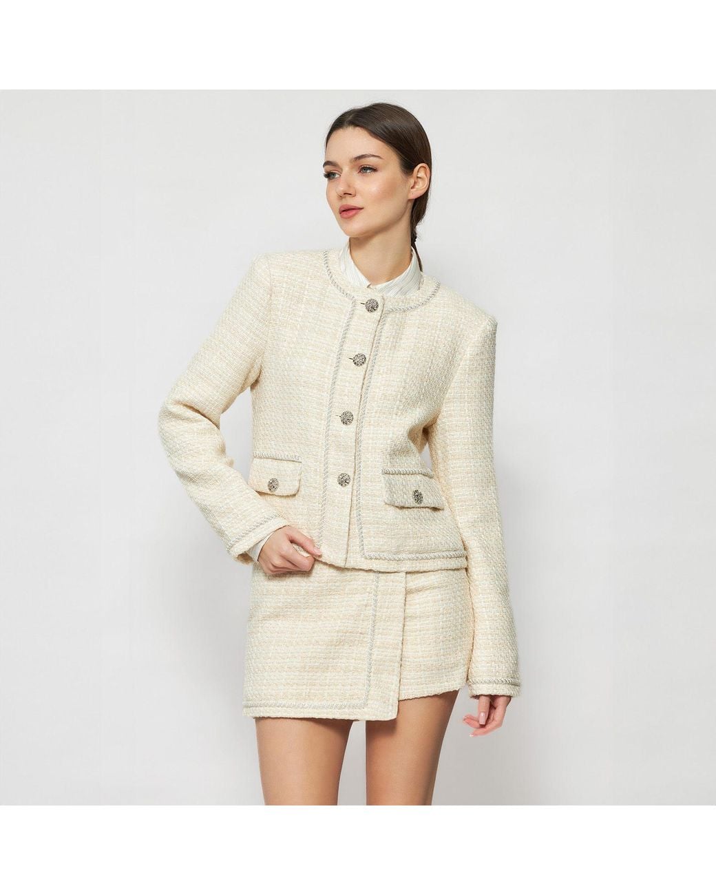 Solgo Atelier White Neutrals Pogonia Crop Tweed Bouclé Jacket With Beaded Trim