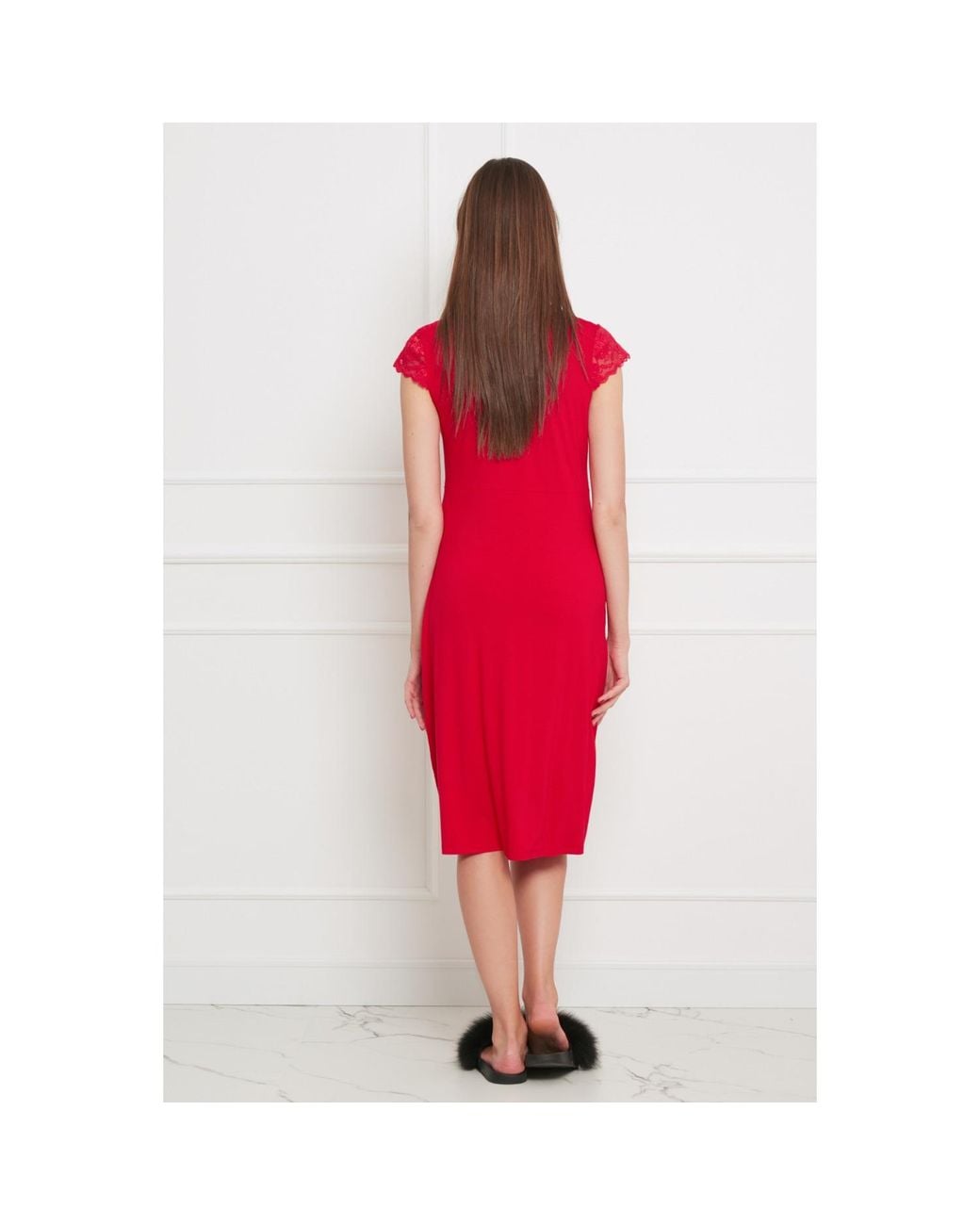 Oh!Zuza Red Classy Midi Nightdress With Lace
