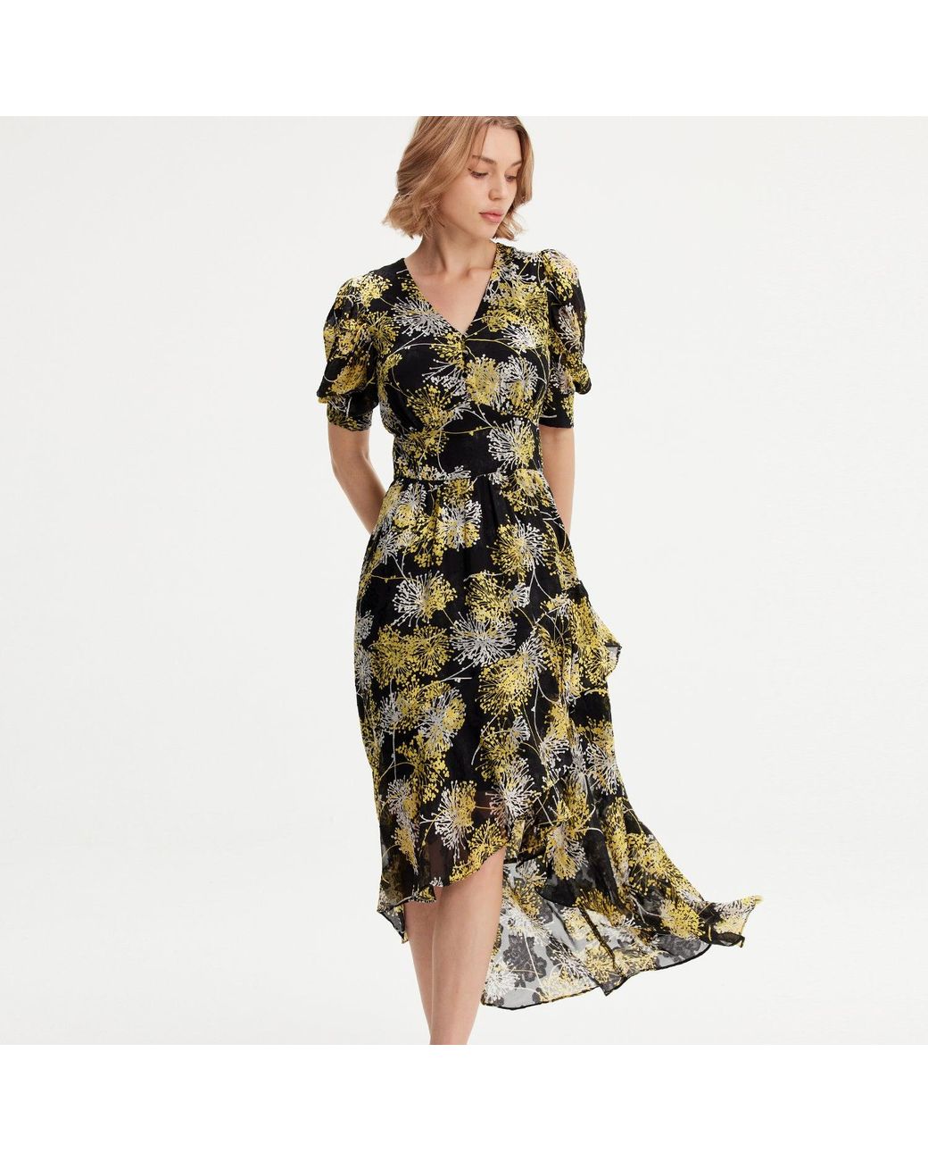 Smart and Joy Green Linear Flower Print Plunging Hem Dress