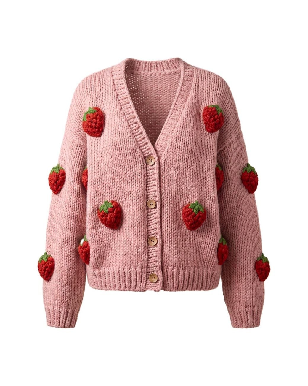 Ana Chic Pink Strawberry Motif Handmade Knitted Cardigan