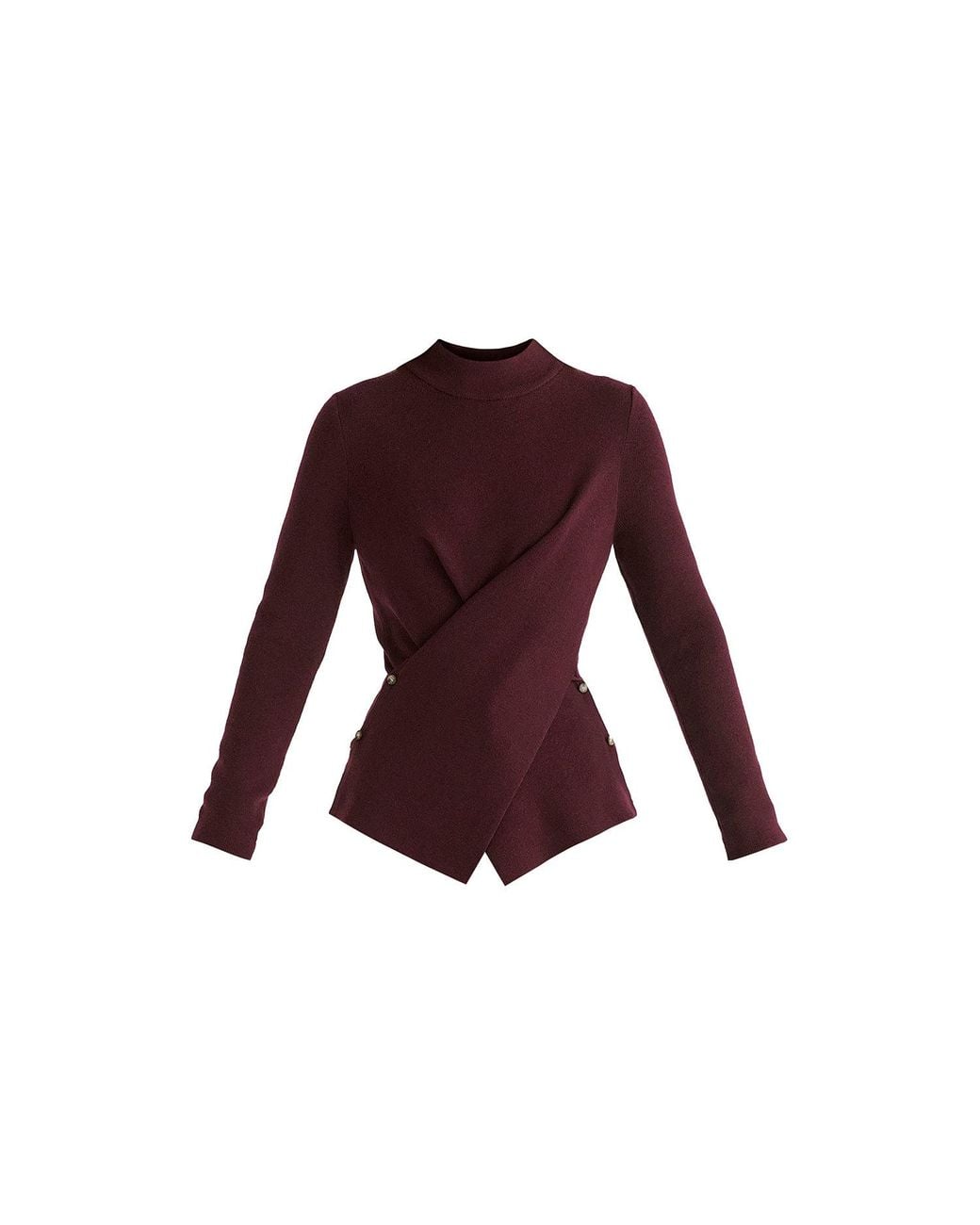 Paisie Purple Wrap Front Knit Top With Mock Neck And Button Detail
