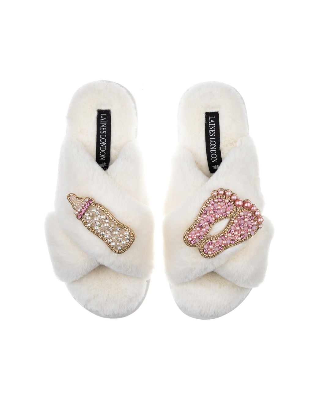 Laines London White Classic Laines Slippers With New Baby Girl Brooches