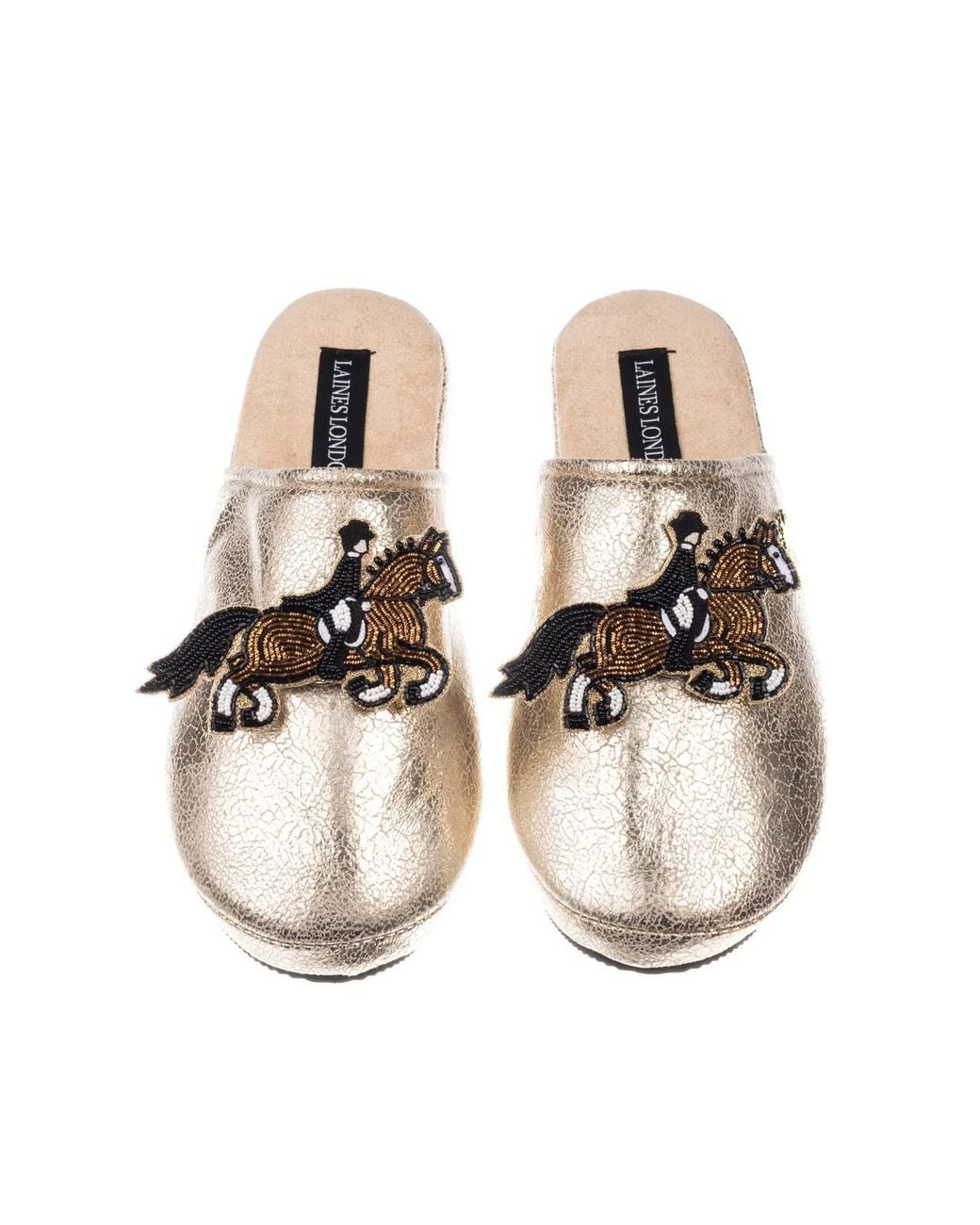 Laines London Metallic Softie Slippers With Dressage Horse Brooches