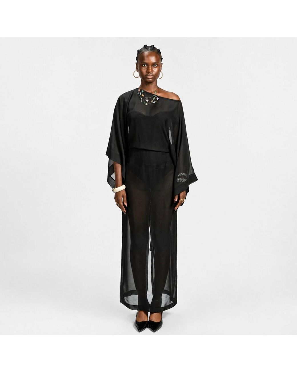 Chuks Collins Black Chiffon Convertible Batwing Dress