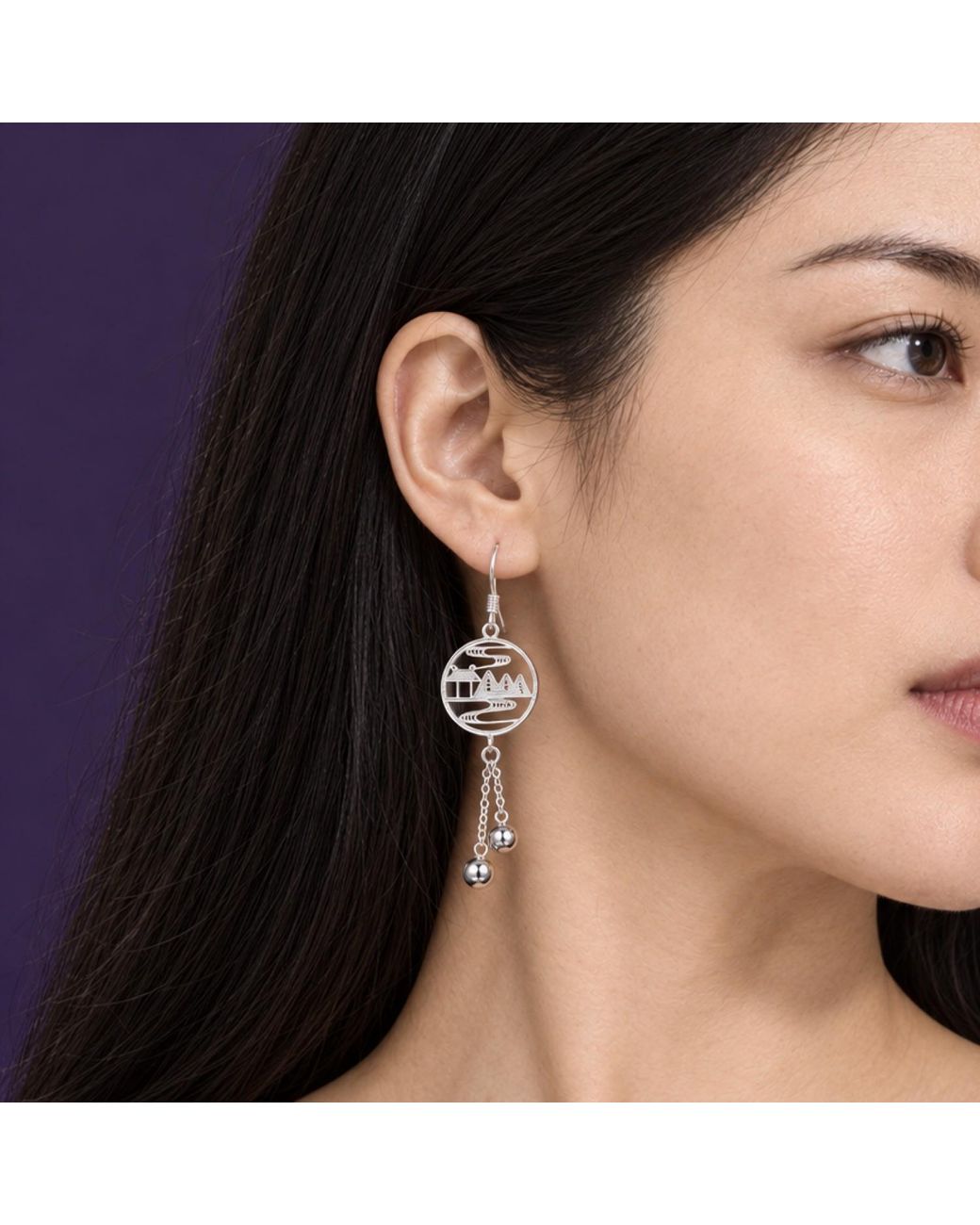 Yieon White Ink Landscape Fine Filigree Tassel Earrings